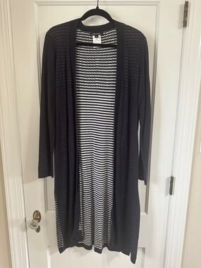 CHARLIE B Black Open-Front Long Cardigan with Black-and-White Striped Lining